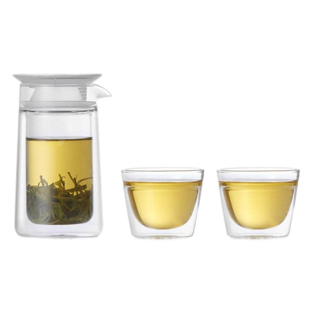 ZENS | Mobile Moon Portable Tea Set | Double Wall Glass Teapot with Built in Infuser | 2 Glass Tea Cups | Portable Design 