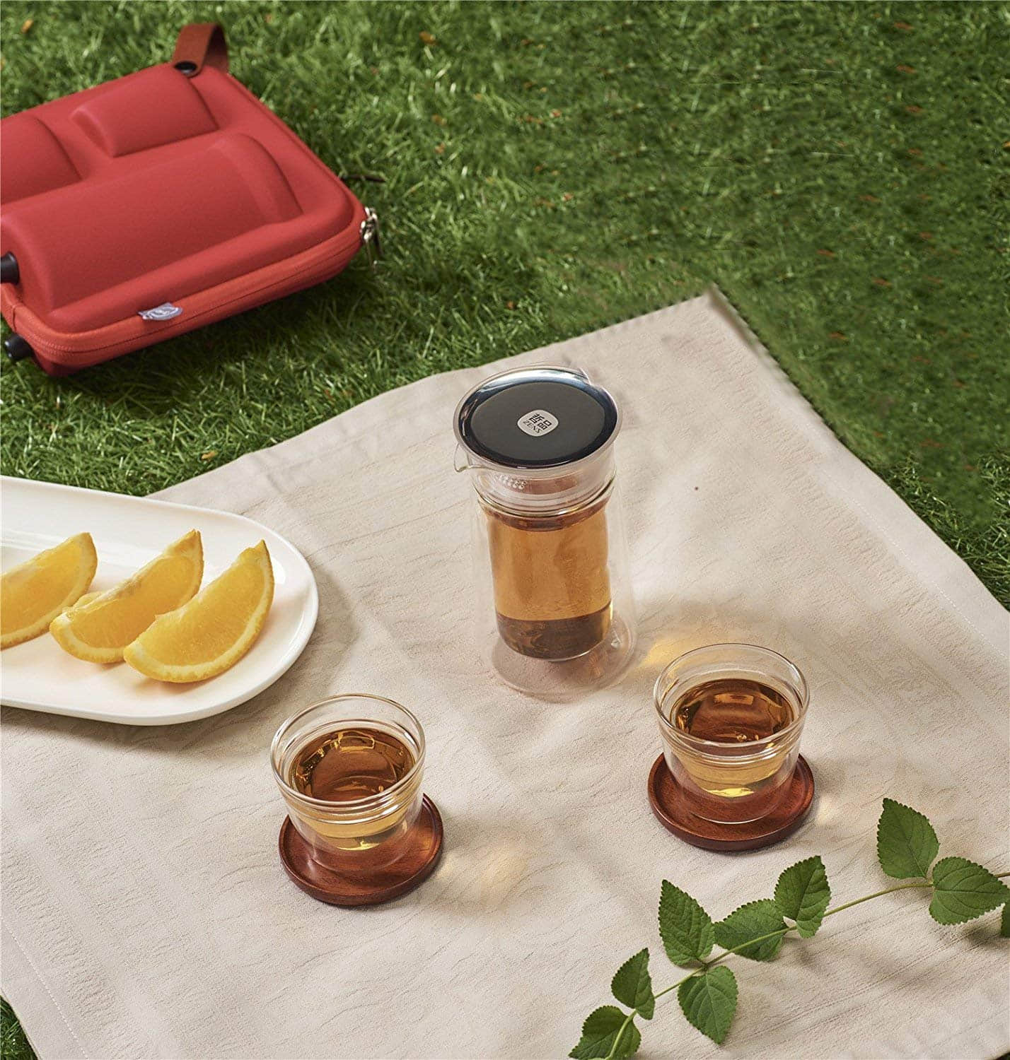 ZENS | Mobile Moon Portable Tea Set | Double Wall Glass Teapot with Built in Infuser | 2 Glass Tea Cups | Portable Design 