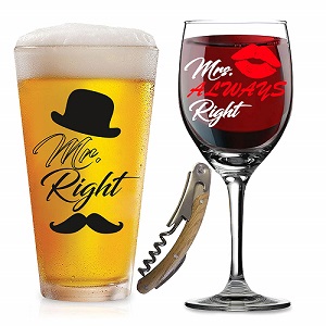 Mr. Right Beer Glass and Mrs. Always Right Wine Glass Couples Glass with FREE Bottle Opener Gifts for Lovers