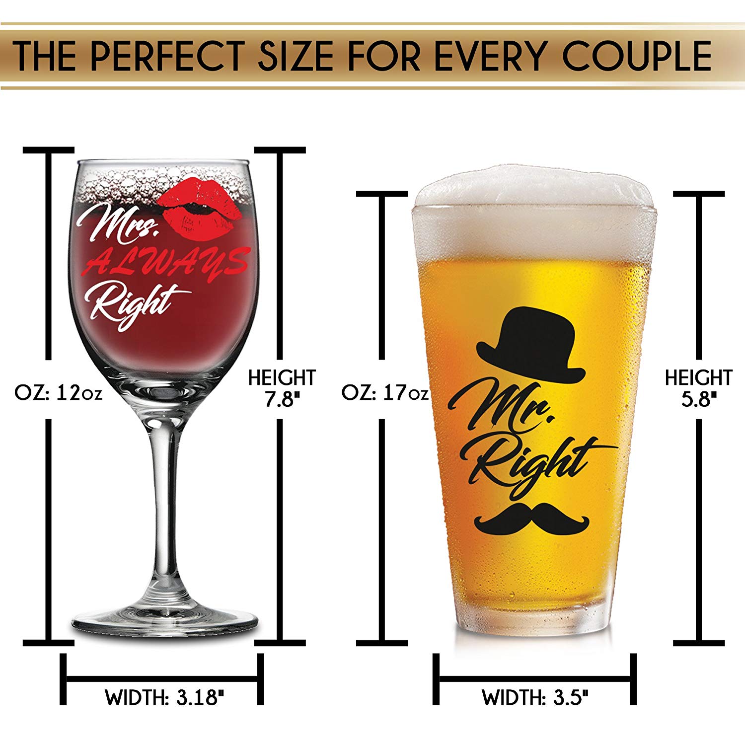 Mr. Right Beer Glass and Mrs. Always Right Wine Glass Couples Glass with FREE Bottle Opener Gifts for Lovers