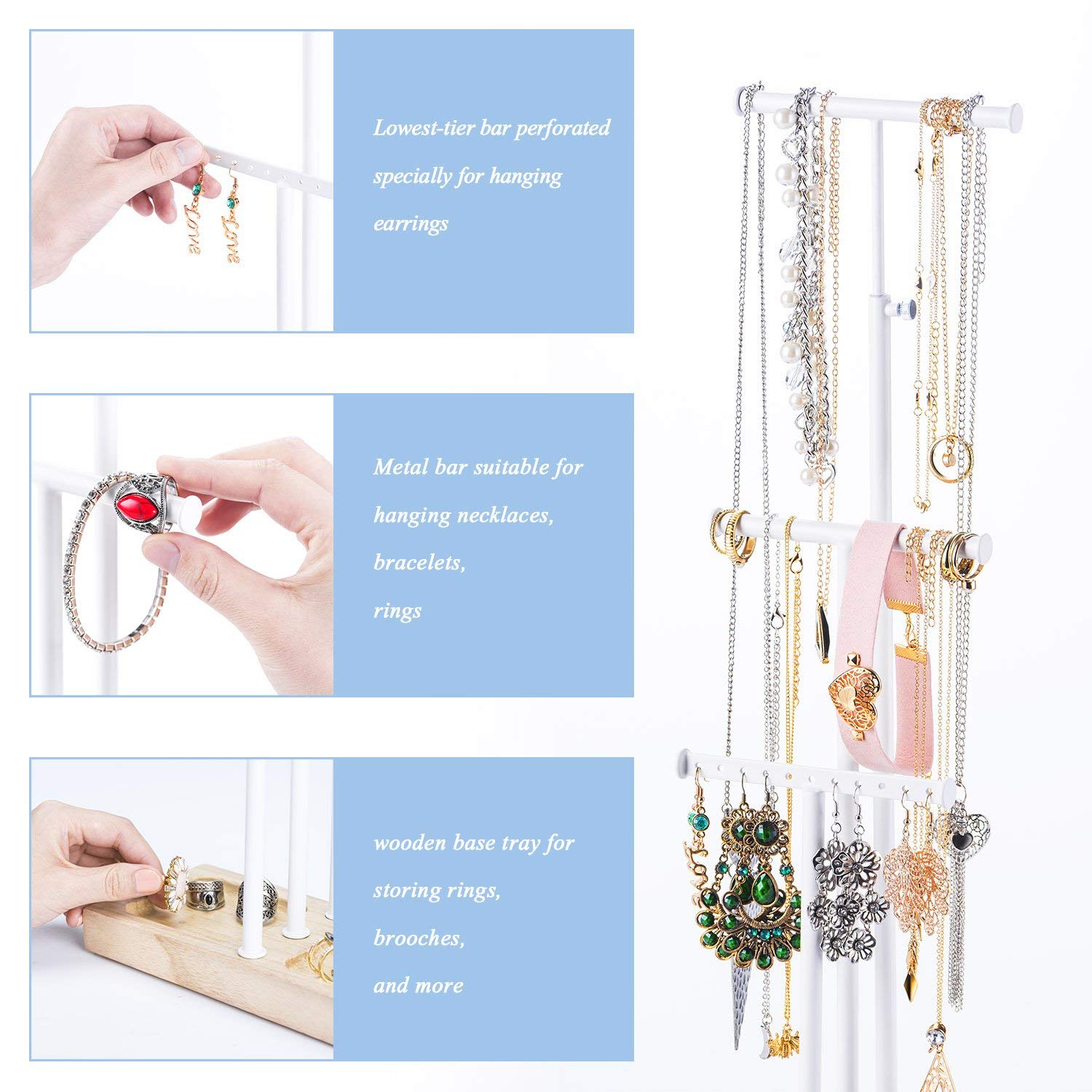 Love-KANKEI Jewelry Stand with Metal Holder & Wood Basic Jewery Storage for Necklaces Bracelets Earring 