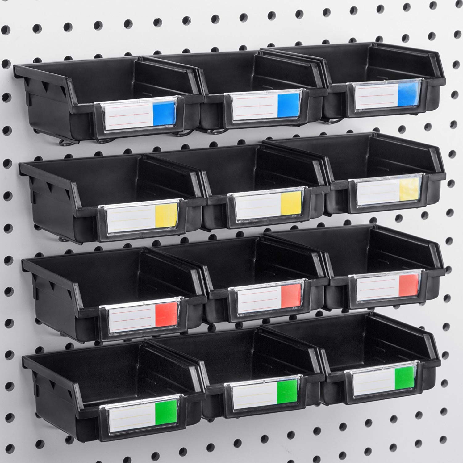 Conor Tool Pegboard Bins - 12 Pack Black - Hooks to Any Peg Board 