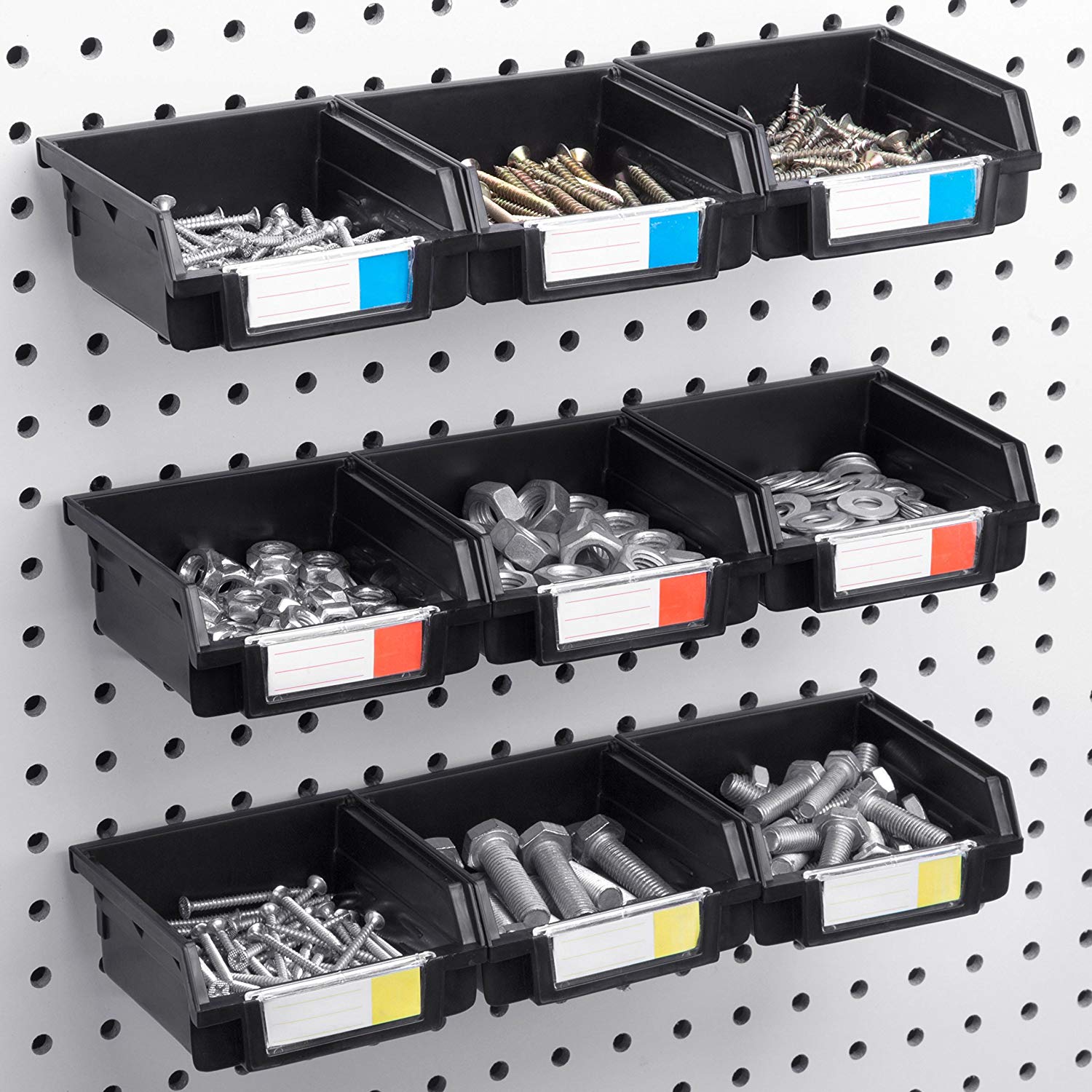 Conor Tool Pegboard Bins - 12 Pack Black - Hooks to Any Peg Board 