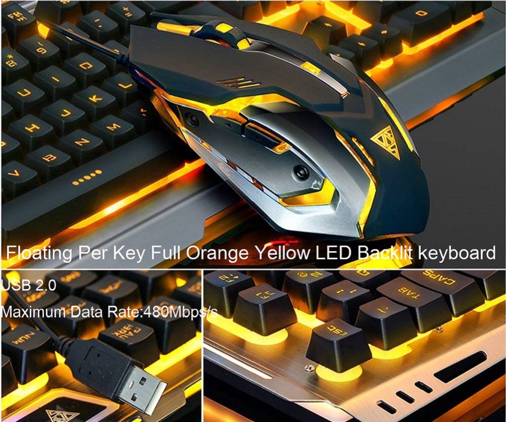 Computer Keyboard and Mouse Combo with Orange Yellow Lighting Backlit,Dirt-Proof,Spill Resitant,Ergonomic Design,Mechanical Feeling,for Working and Prime PC Xbox one PS4 Gaming