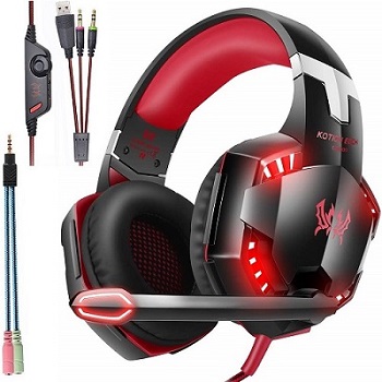 3.5mm Surround over Ear Head phones for Nintendo Switch Xbox Playstaion 3 PS4 PC Games,Surround Sound Over-Ear Headphones with Noise Cancelling Mic, LED Lights, Volume Control for Laptop Mac iPad Nintendo Switch Gift for Gamers (Red)