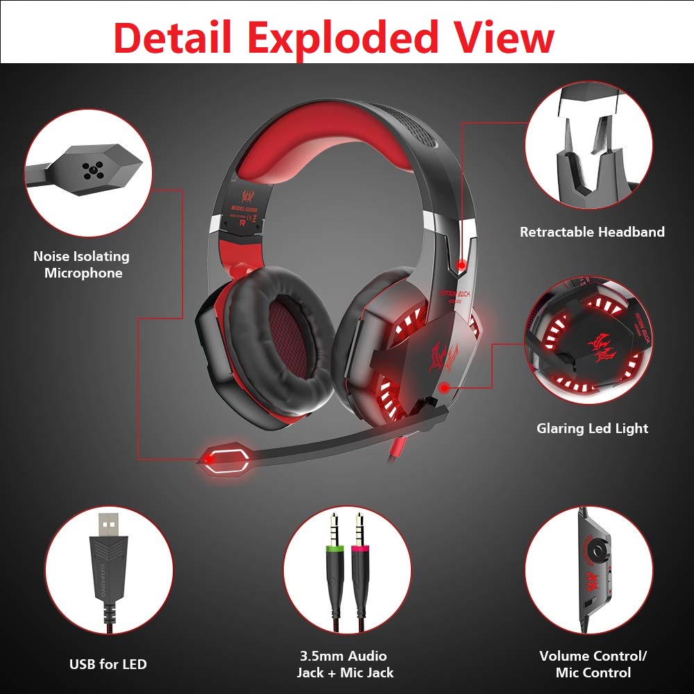 3.5mm Surround over Ear Head phones for Nintendo Switch Xbox Playstaion 3 PS4 PC Games,Surround Sound Over-Ear Headphones with Noise Cancelling Mic, LED Lights, Volume Control for Laptop Mac iPad Nintendo Switch Gift for Gamers (Red)