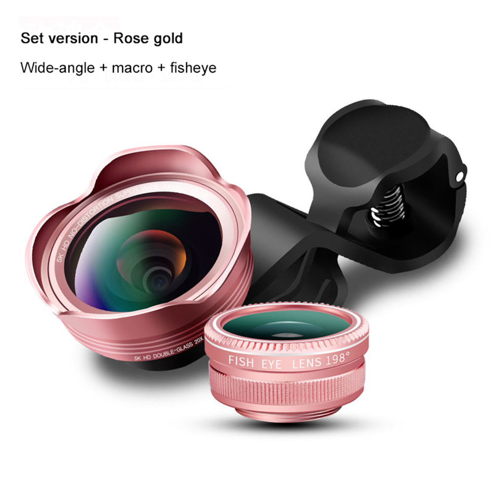 5K HD iPhone Camera Lens 3 in 1 Aspherical Wide Angle Double Glass Fish Eye 198 Degree Clip-On Phone Lens for Apple iPhone 8 Plus, Samsung, Andriod Phones