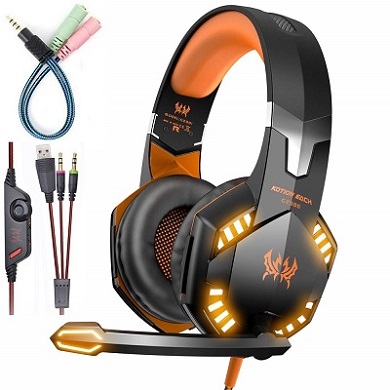 KOTION EACH G2000 PC Game Headset for Xbox Gaming Headphones with Mic Earphone Headband,Volume Control Stereo Bass,Glowing RGB LED Light for PS4,PC,X1,Wired Gaming Headset for Women Men Kids-Black Orange