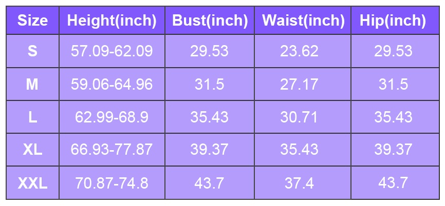 size chart for zentai suit